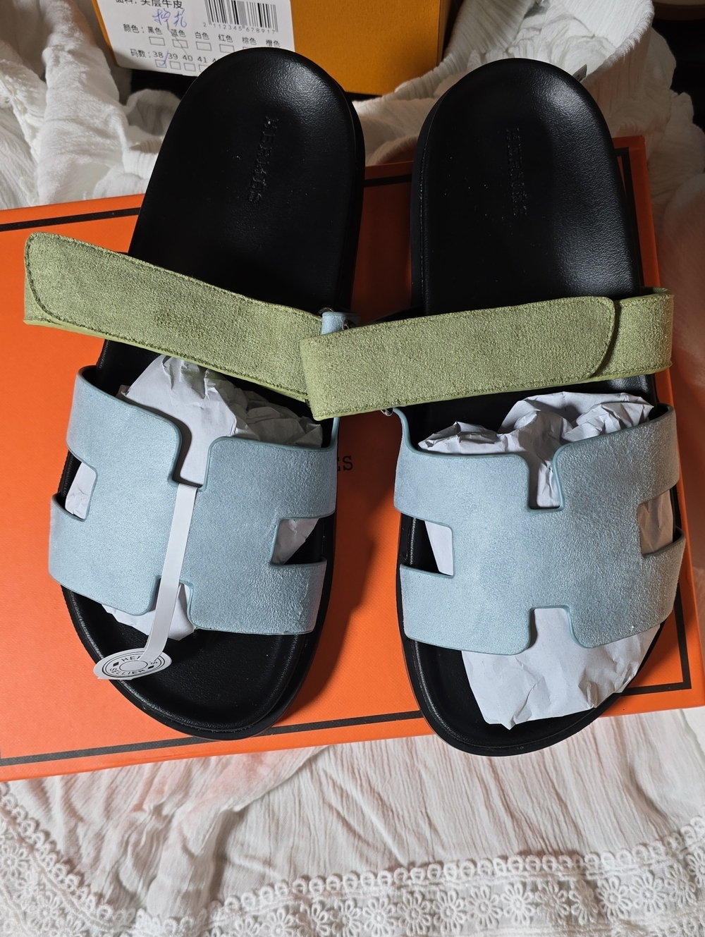 Suede Slide Sandals in Light Blue and Olive - Women's Comfort Sandals